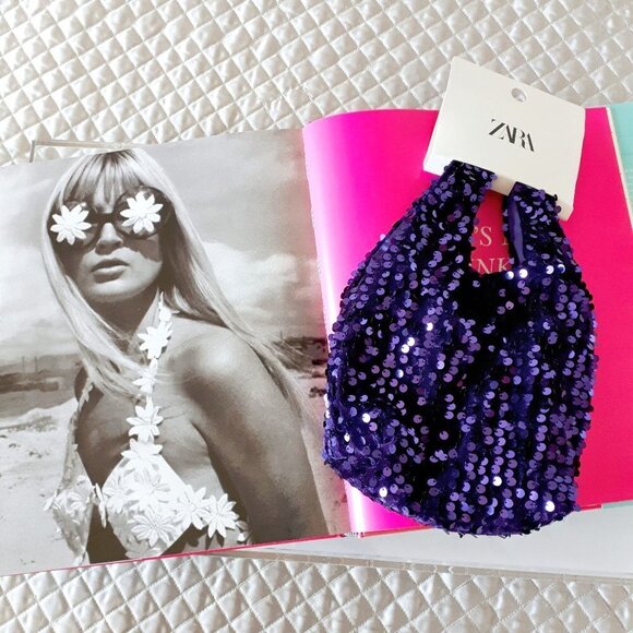 NWT Zara purple velvet sequin small bucket bag - Picture 6 of 8